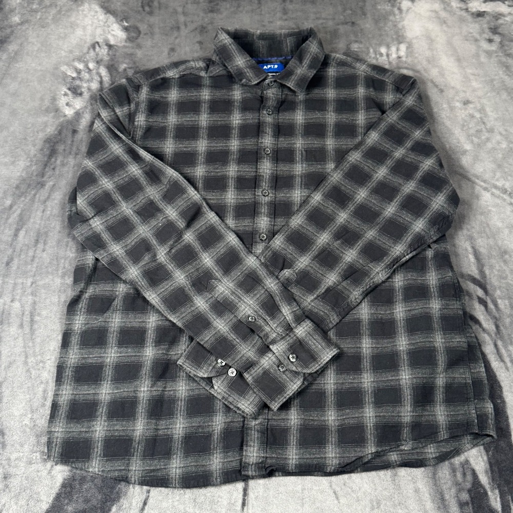 Apt. 9 Button Down Shirt Mens XXL Black Plaid Premier Flex Untucked Fit